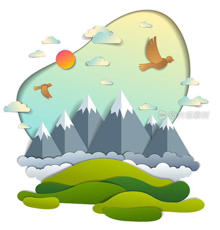 Scenic landscape of mountain peaks range, cloudy sky with birds and sun, summer vector illustration in paper cut kids style. Summer holidays, travel and tourism.